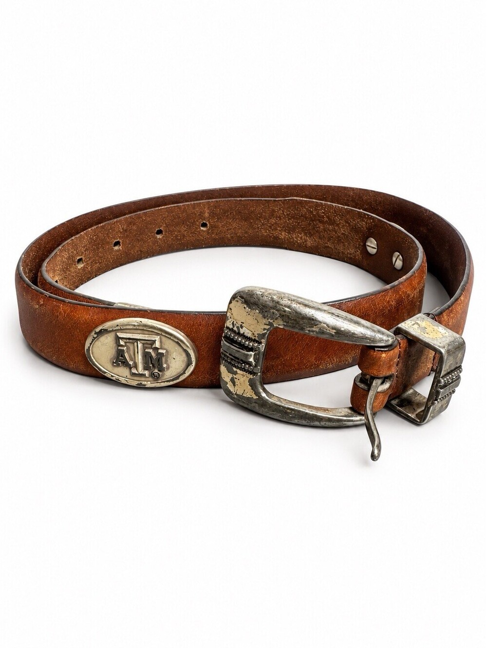Texas A&M Aggies Italian Saddle Leather Belt- Sterling Silver Plate